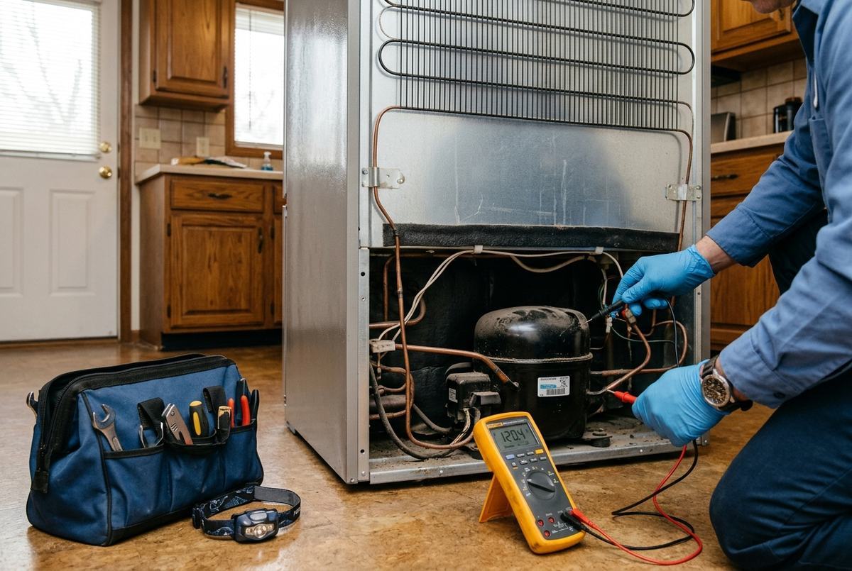 Refrigerator Repair technician at work